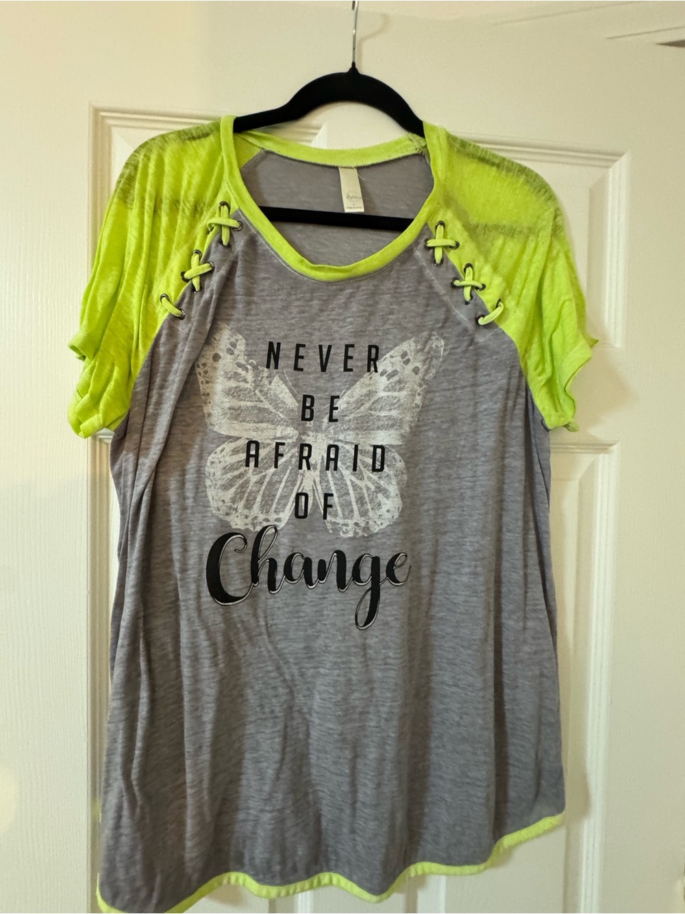 Active USA Gray Tee with Neon Lime Raglan Sleeves & Butterfly Graphic